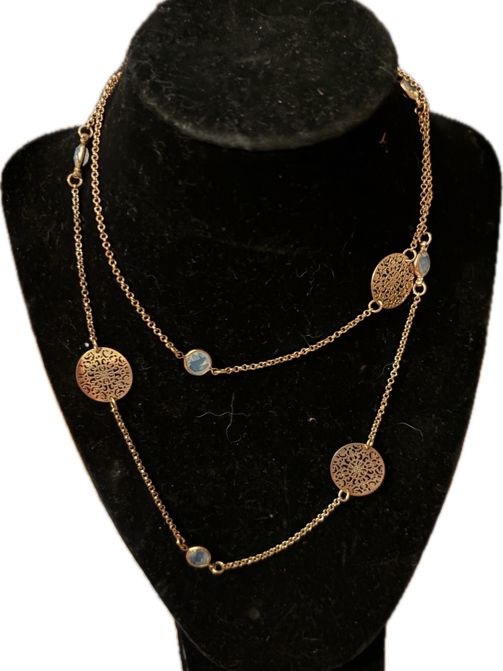 Gold Filigree Disc Layered Necklace with Blue Accents